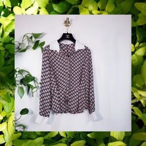 Womens Parisian Blouse SMALL Navy Medallion Contrast Trim Career Shirt MON AMOUR